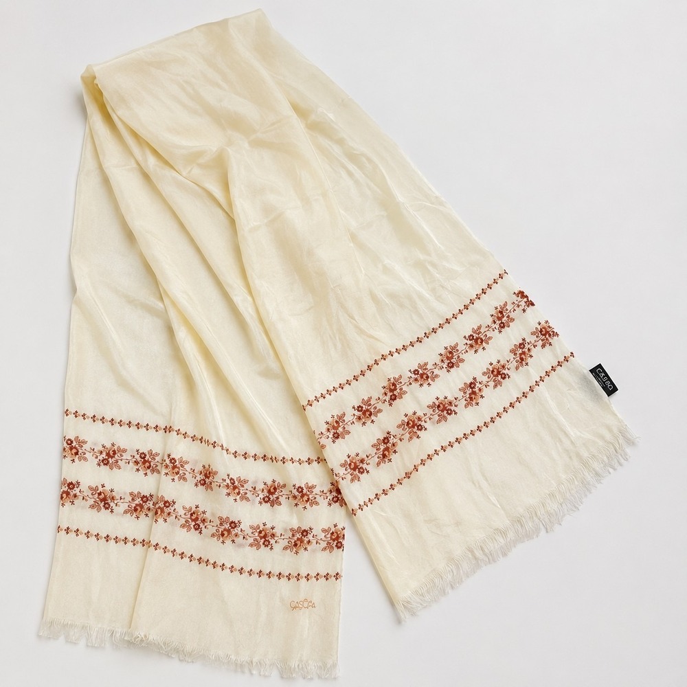 Vintage Casa Japan Silk Wool Floral Scarf Cream Ivory Romantic Boho Fringe